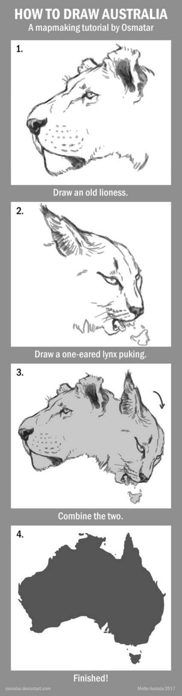 How to draw Australia tutorial combining an old lioness and a one-eared lynx puking