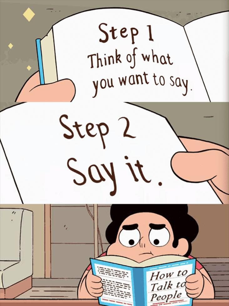 Steven Universe reading a how to talk to people book that says think, then say it