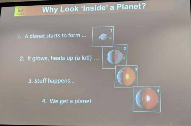 Science slide explaining planets: one forms, it heats up, stuff happens, we get a planet