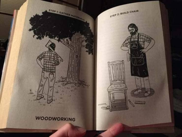 Woodworking book with step one chopping down a tree and step two building a chair