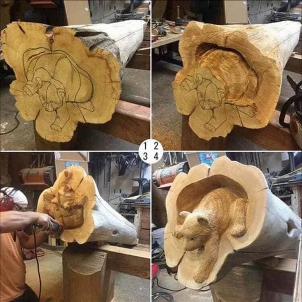 Instructions unclear carving of a bear emerging from a log, shown in four quick steps