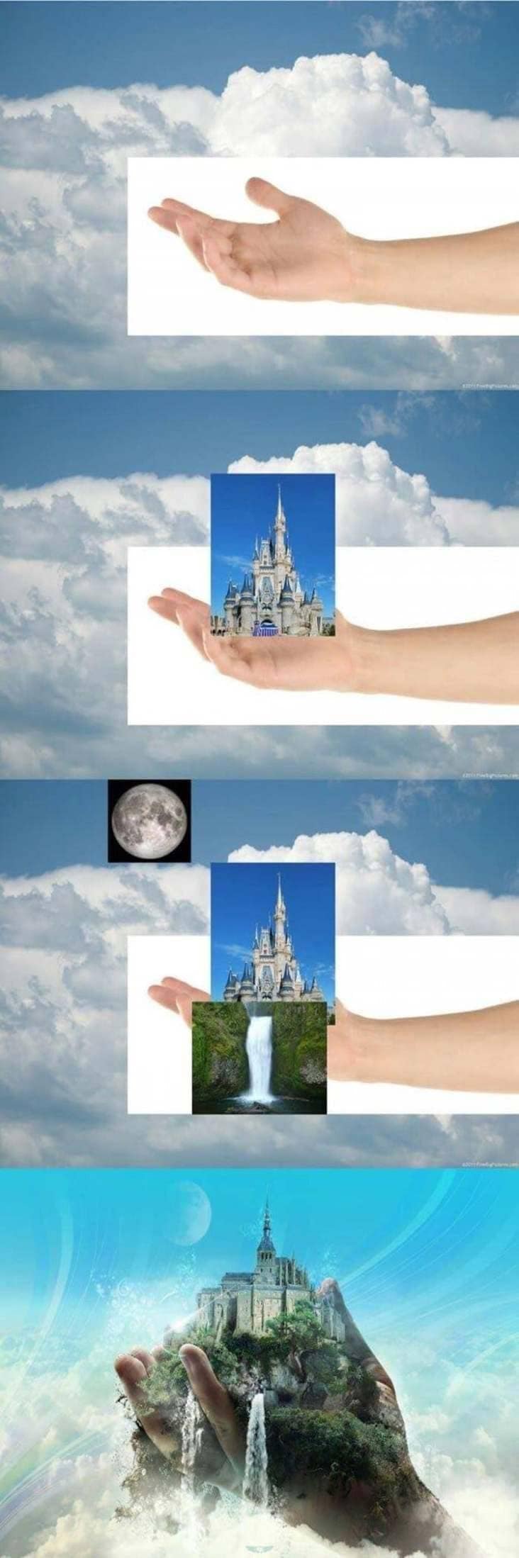 Photo collage tutorial turning a hand, a castle and a waterfall into a fantasy island