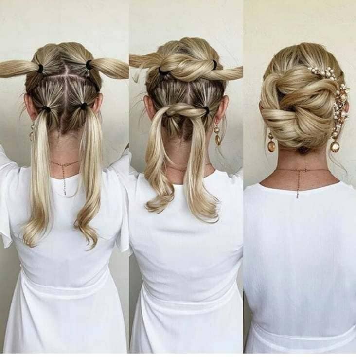 Three-step braided updo tutorial that leaps from ponytails to an elaborate finished bun