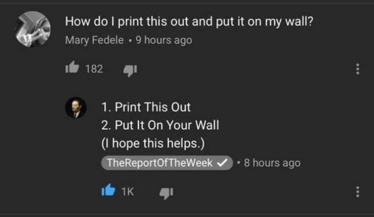 Instructions unclear YouTube reply telling someone to print this out and put it on the wall