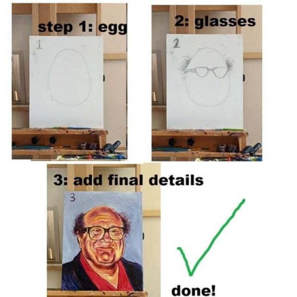 Painting tutorial going from an egg to glasses to a finished Danny DeVito portrait