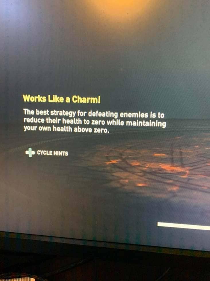 Video game hint saying reduce enemy health to zero while keeping yours above zero