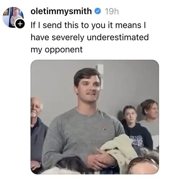 Tommy standing in the crowd under a caption about severely underestimating an opponent