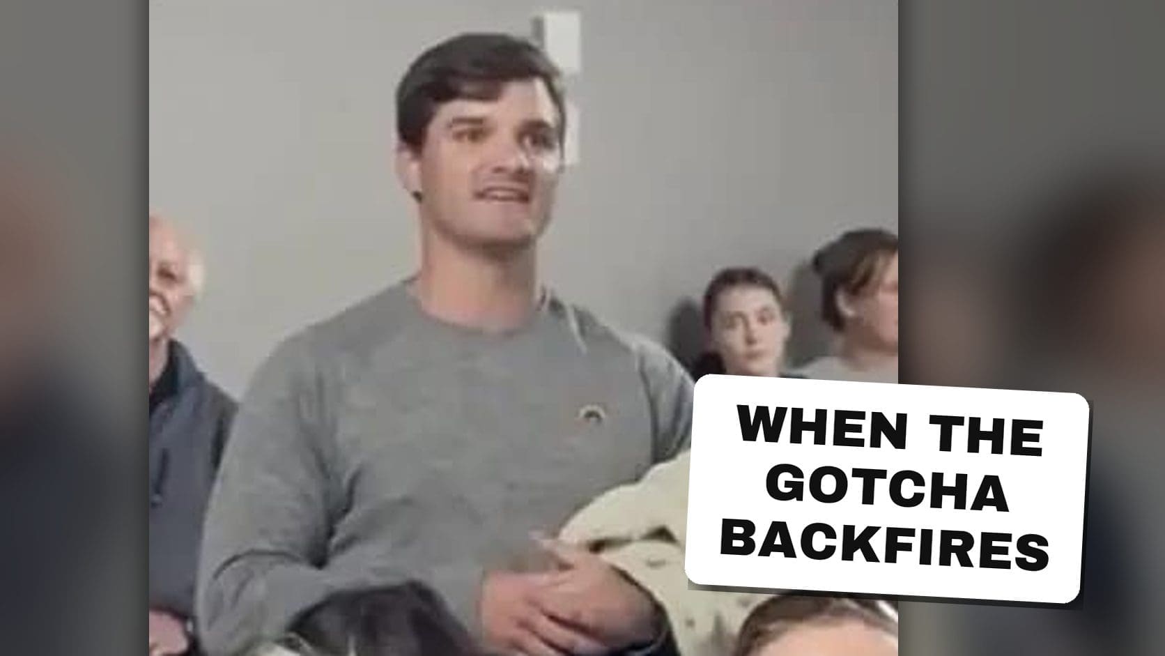 Tommy stands in a crowded room listening to Abdul El-Sayed, the still behind the Abdul El-Sayed Tommy memes, with a gotcha backfires headline.