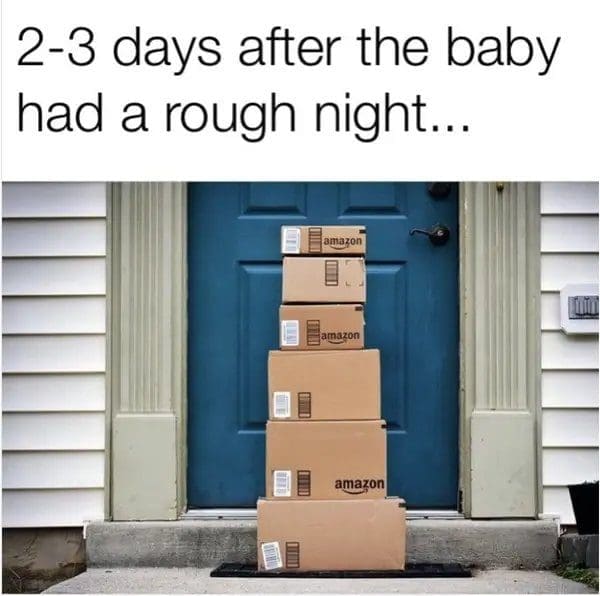 Tall stack of delivery boxes on a porch a few days after the baby had a rough night.