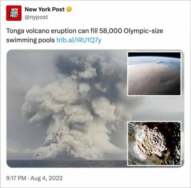 News tweet saying a Tonga volcano eruption could fill 58,000 Olympic-size swimming pools.