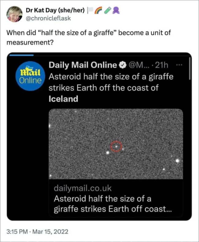 Tweet questioning a headline about an asteroid half the size of a giraffe striking near Iceland.