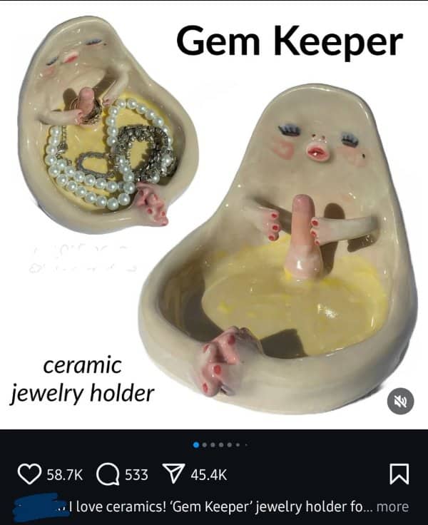 Ceramic jewelry holder called Gem Keeper, shaped like a reclining figure holding pearls