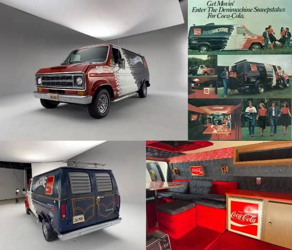 Vintage Coca-Cola Denimachine van painted like denim, with a red shag interior and fridge