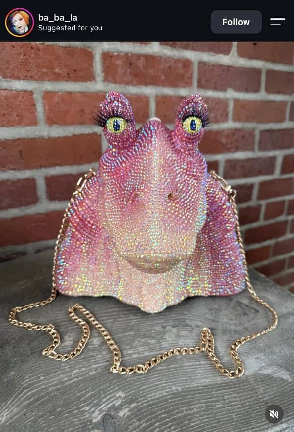 Rhinestone covered handbag shaped like the head of Jar Jar Binks with a gold chain strap