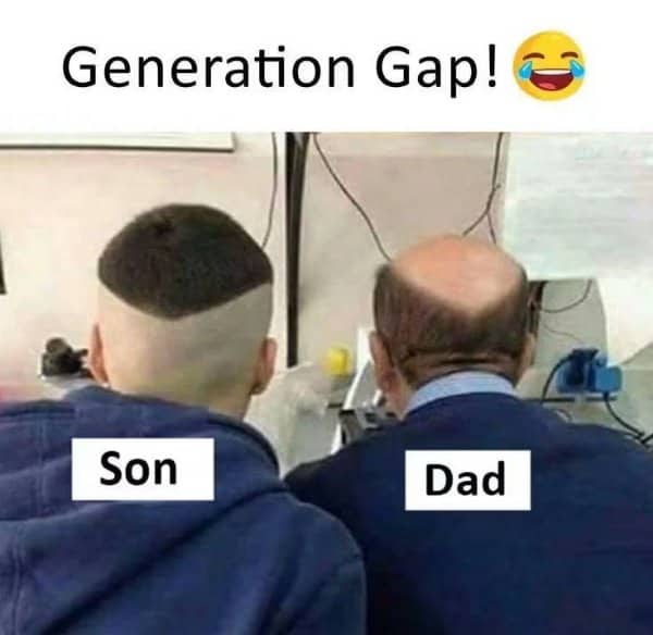 Back view of a son with a high fade haircut beside his balding dad, labeled Generation Gap