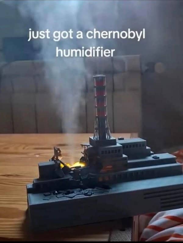 Model of the Chernobyl nuclear plant used as a humidifier, with mist rising from the reactor