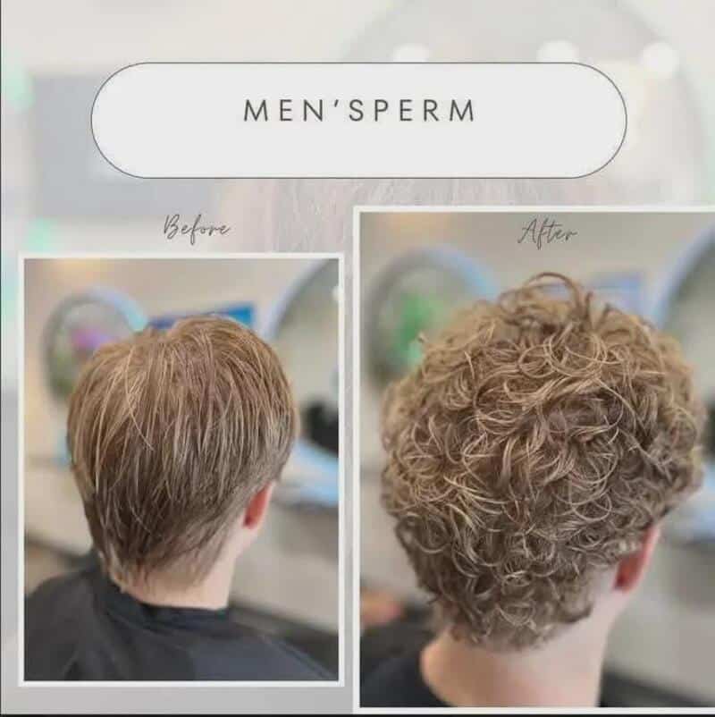 Salon before and after photos of a curly men's perm under a badly spaced banner