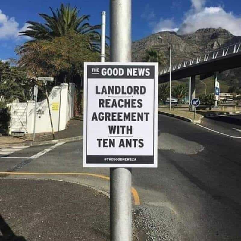 Satirical street poster headline reading Landlord reaches agreement with ten ants