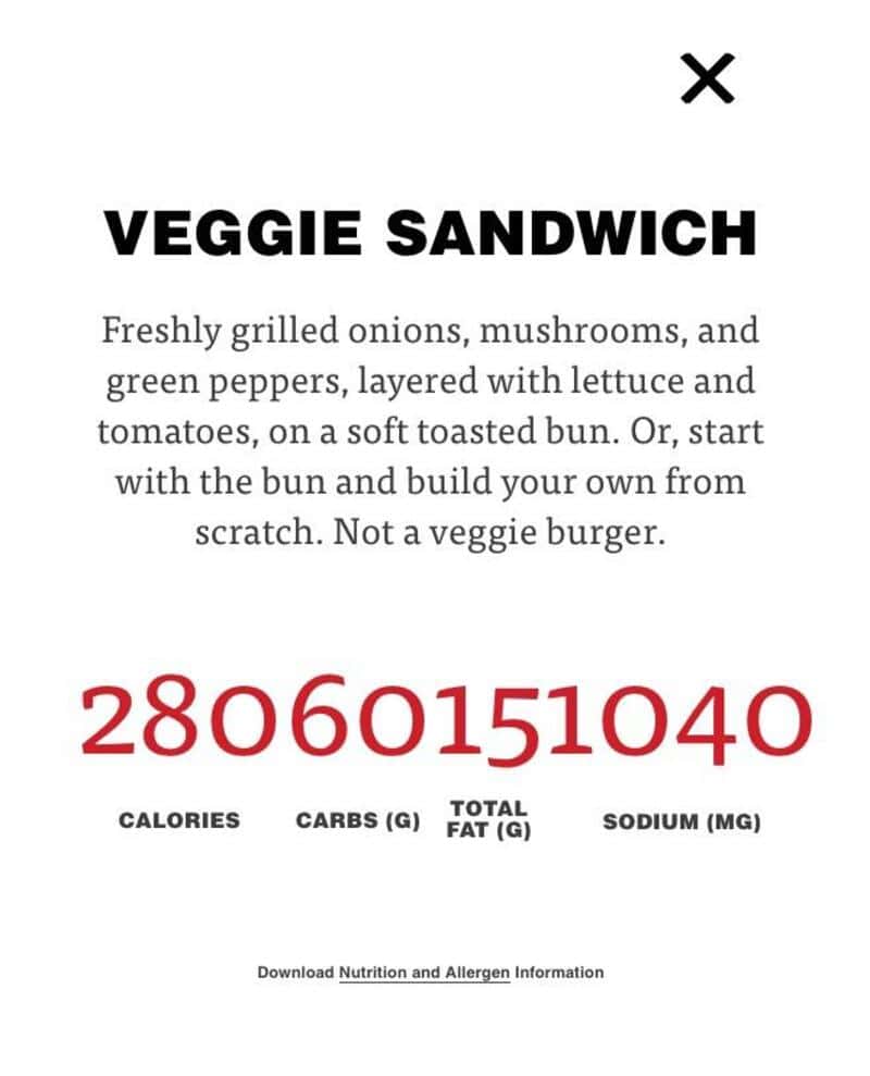 Veggie sandwich nutrition panel with all the numbers jammed together as 28060151040