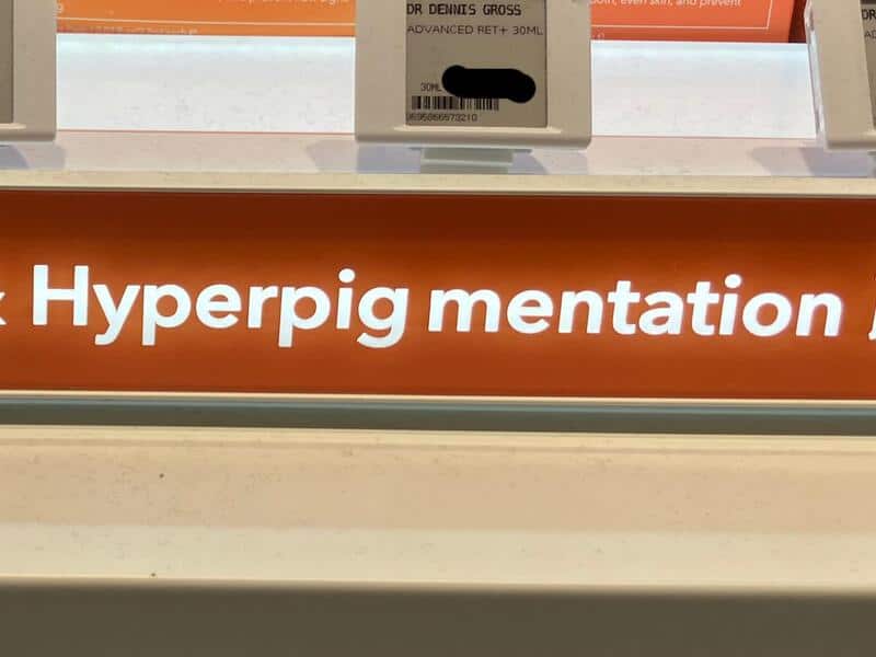 Store shelf label for skincare with bad kerning that reads Hyperpig mentation