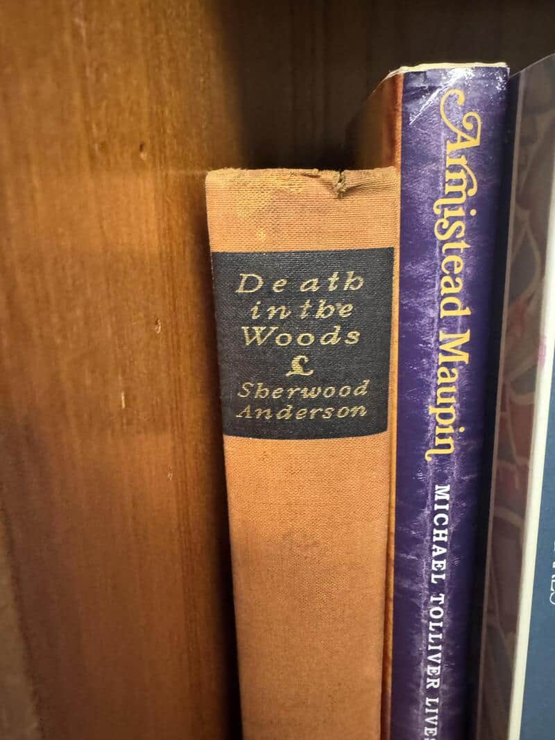 Old book spine for Death in the Woods in an ornate font with awkward letter spacing