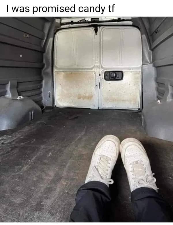 First person view sitting in the empty cargo area of a white van, with a candy joke