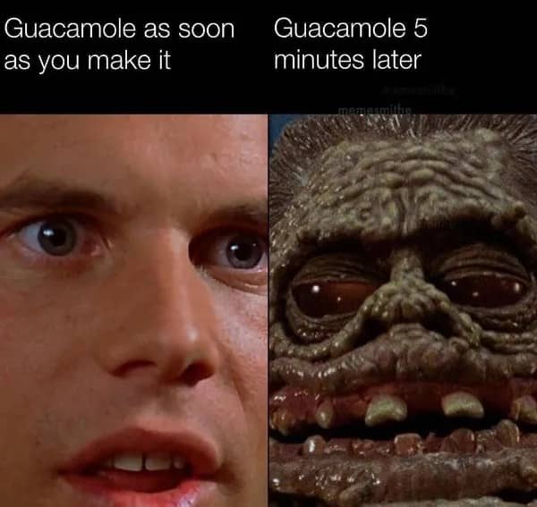 Side by side meme comparing fresh guacamole to a wrinkled monster face five minutes later