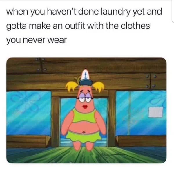 Patrick Star in a mismatched sailor outfit in a meme about not doing laundry