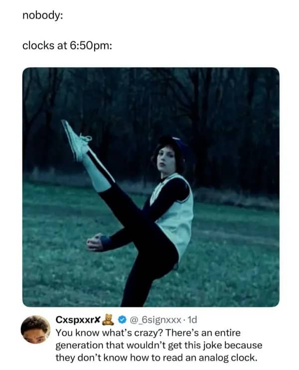 Twilight baseball scene where a player's raised leg resembles clock hands pointing to 6:50