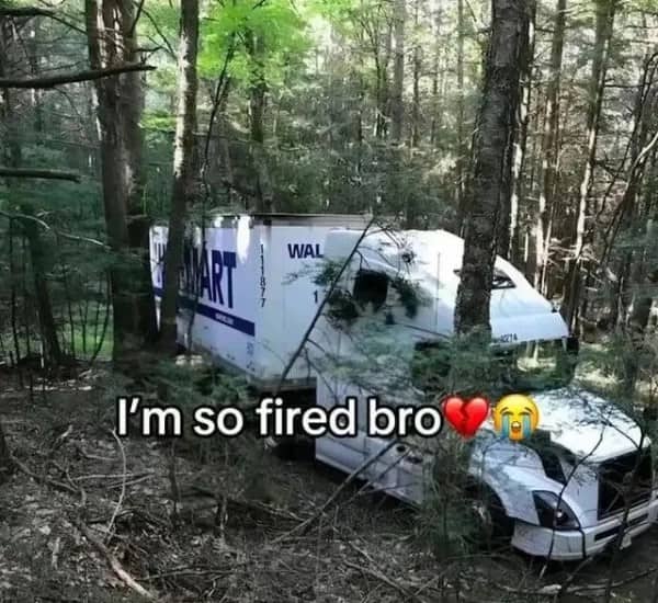 Walmart delivery truck crashed deep in a forest with the caption I'm so fired bro
