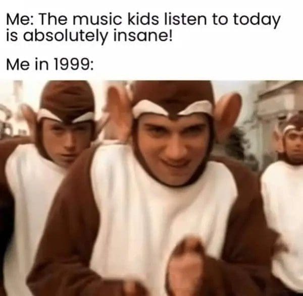 Bloodhound Gang in monkey suits from a 1999 video, beside a joke about kids' music.