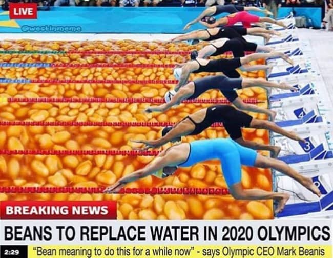 Edited photo of Olympic swimmers diving into a pool filled with baked beans under a breaking news banner.