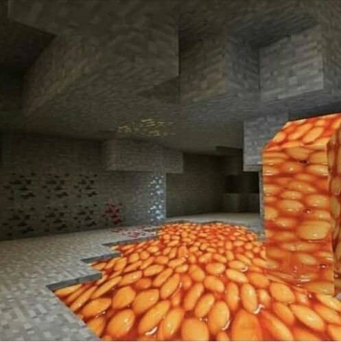 Minecraft cave scene where the glowing lava has been replaced with flowing baked beans.