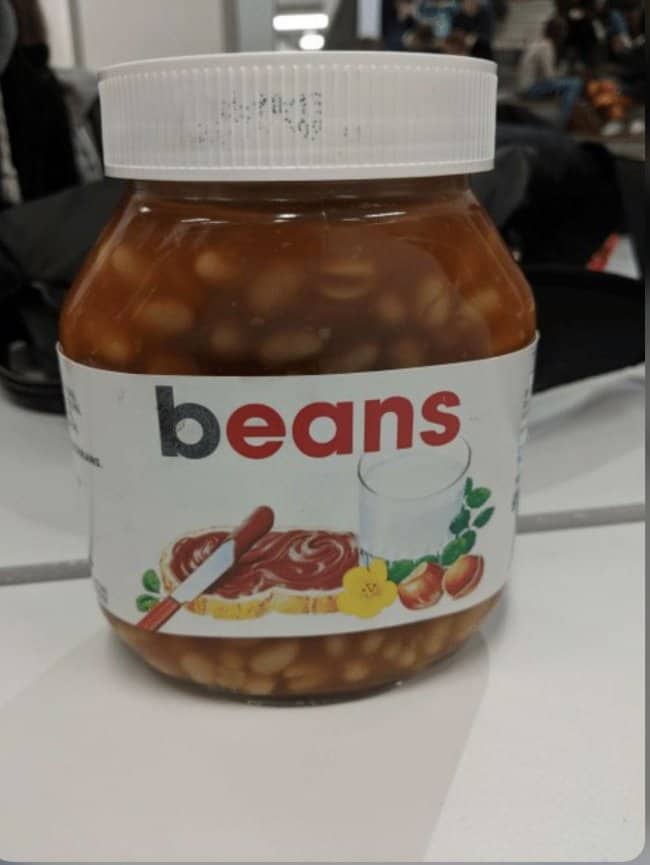 Hazelnut spread jar relabeled beans and filled with baked beans instead of chocolate spread.