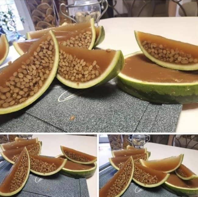 Watermelon rind slices filled with brown jelly, with beans standing in for the seeds.