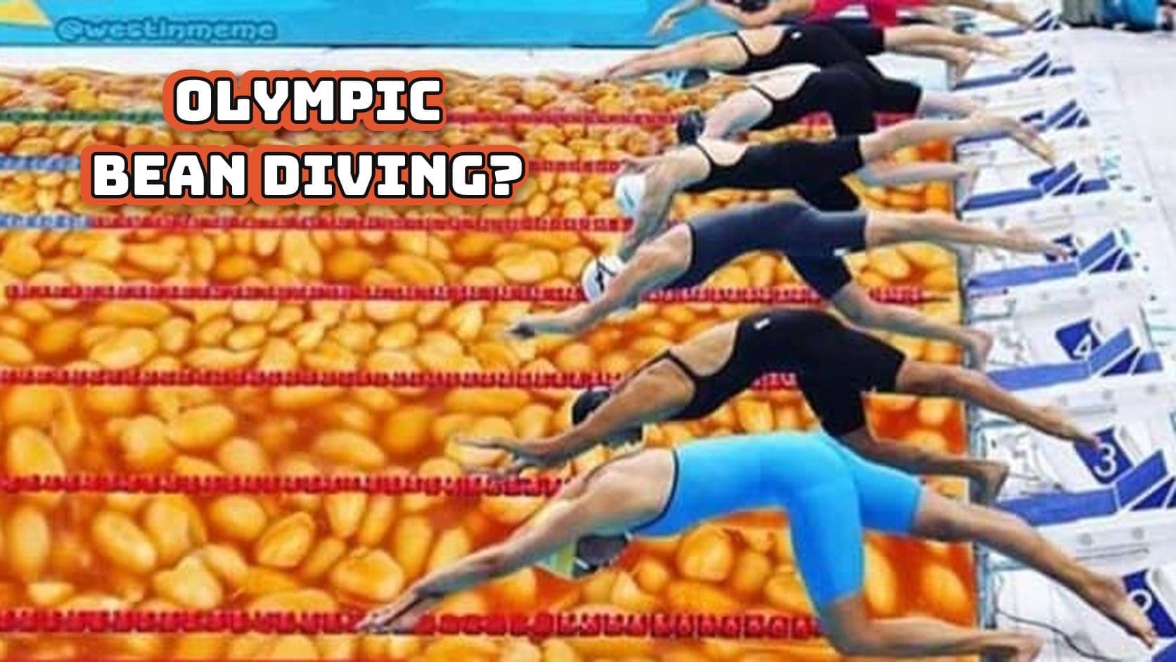 Edited photo of Olympic swimmers diving off starting blocks into a pool of baked beans, a standout among beans memes.