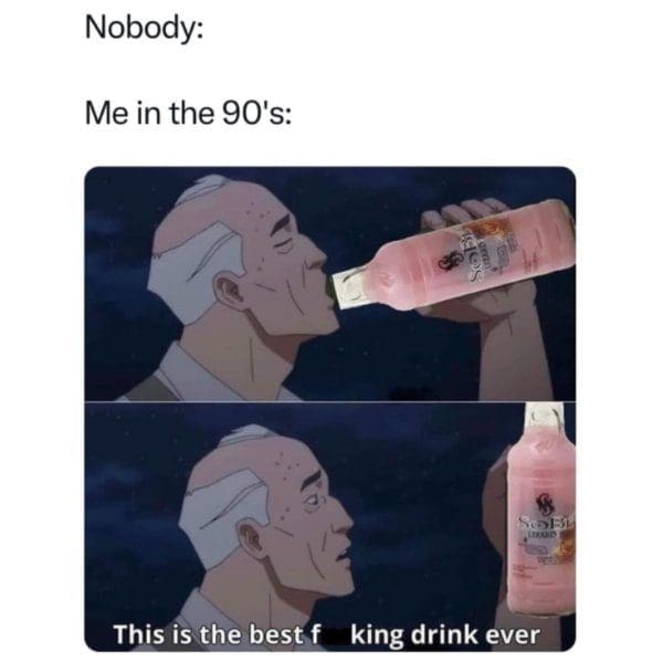 Cartoon man drinks a pink SoBe bottle and declares it the best drink ever.