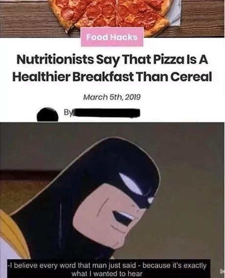 Headline claiming pizza beats cereal for breakfast, with Space Ghost happily believing every word.