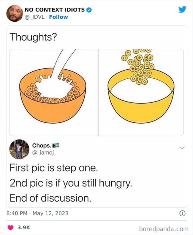 Tweet debating milk first versus cereal first, and a reply calling it a second helping.