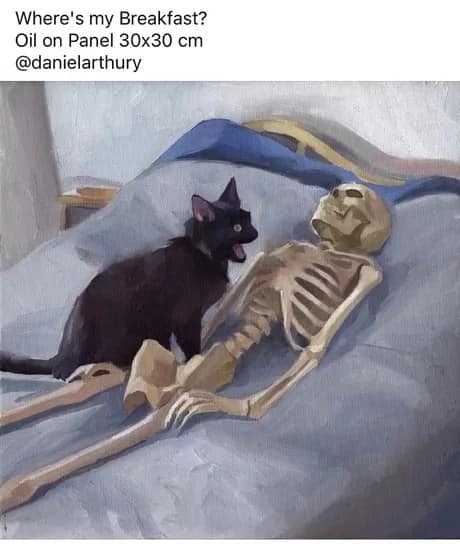 Painting of a black cat yelling at a skeleton in bed, titled Where's My Breakfast.