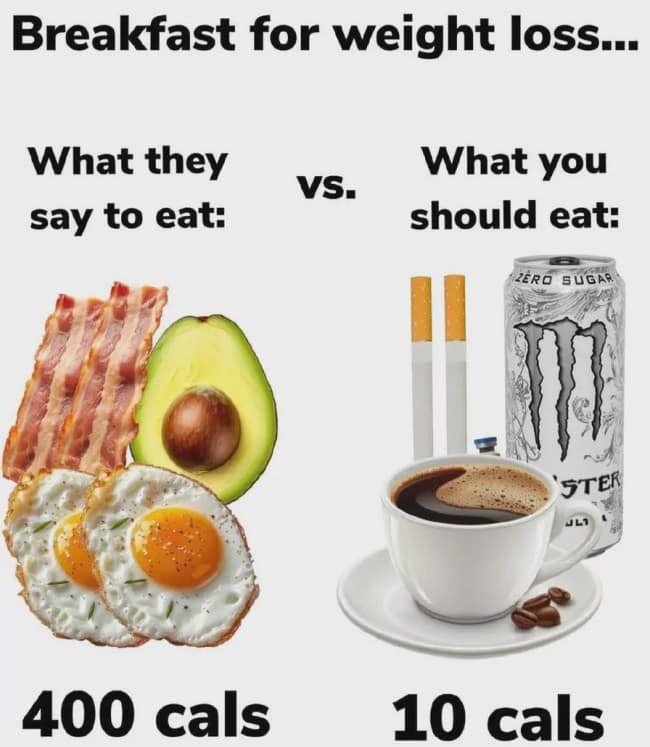 Breakfast meme contrasting bacon, eggs, and avocado with coffee, cigarettes, and an energy drink.