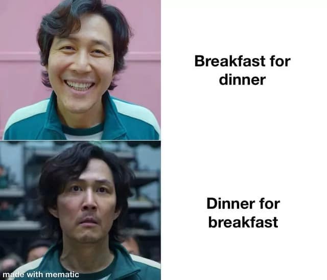 Squid Game actor smiling at breakfast for dinner, then horrified by dinner for breakfast.