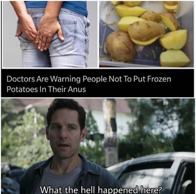 Odd medical headline about frozen potatoes paired with a confused Paul Rudd reaction still.