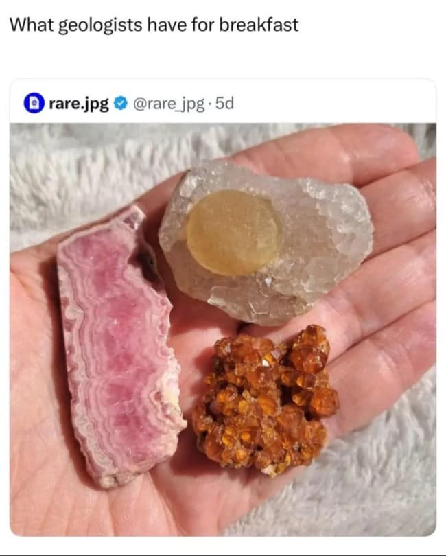 Breakfast meme of a hand holding crystals that look like bacon, egg, and hash browns.