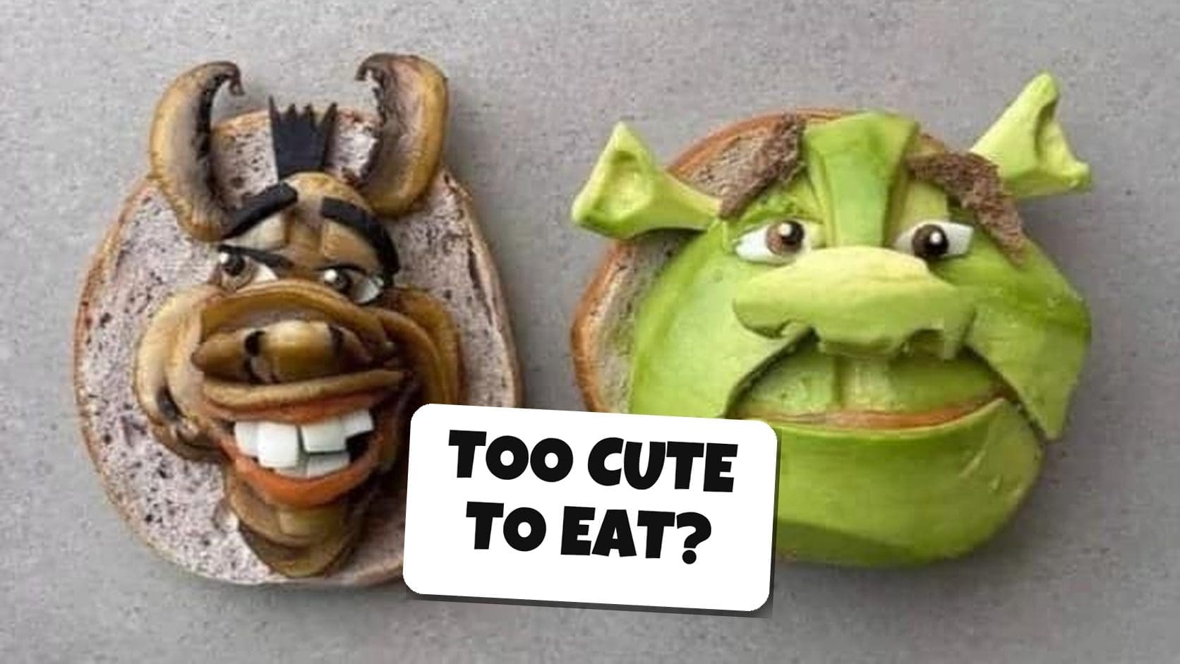 Two slices of toast decorated as Shrek in avocado and Donkey in mushrooms, the most artistic breakfast meme in the bunch.