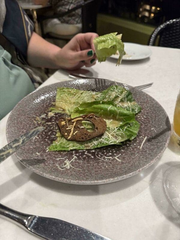 Deconstructed Caesar salad of flat romaine leaves, shredded cheese and one rye crouton.