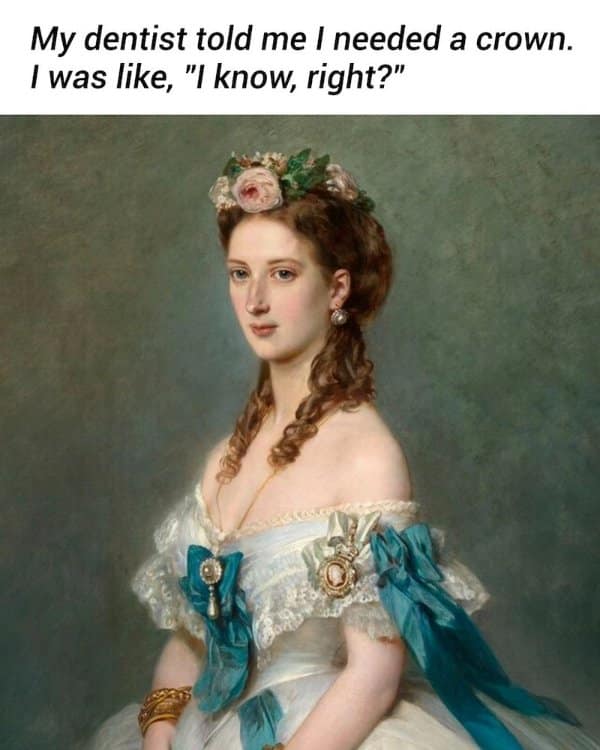 Portrait of an elegant woman in a flower crown with a joke about her dentist recommending a crown.