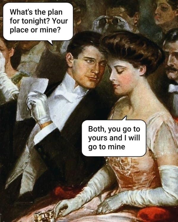 Couple in an Edwardian painting where she suggests they each go home to their own places.