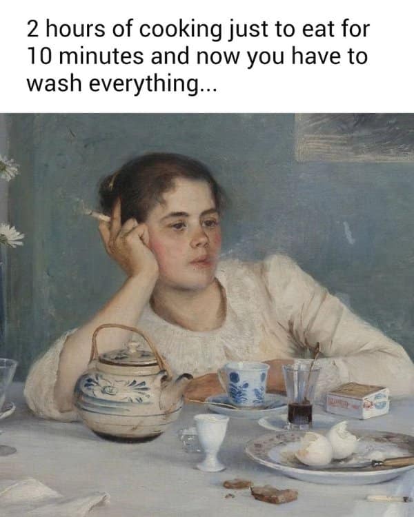 Young woman in a painting resting her head beside a teapot after hours of cooking.