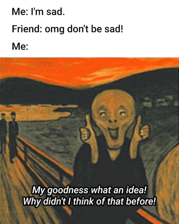 The Scream redrawn with a grinning face and thumbs up, in classical art memes style.